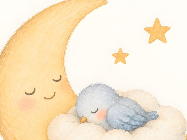 Moon and Little Bird, Zephaniah 3:17 watercolor print, close-up of the watercolor painting