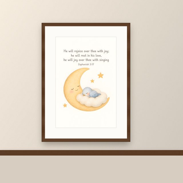 Moon and Little Bird, Zephaniah 3:17 watercolor print, framed on a wall